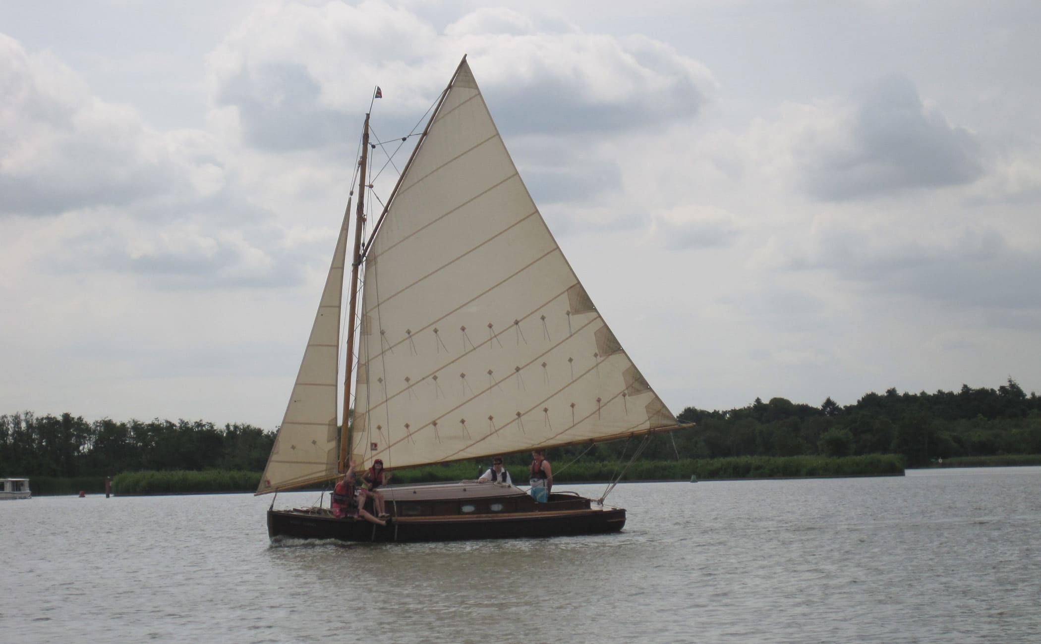 Wood Sorrel, a traditional wooden cabin yacht sailing on the Norfolk Broads